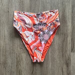 Aerie Crossover High Waisted Cheeky Bikini Bottom Orange Floral M
